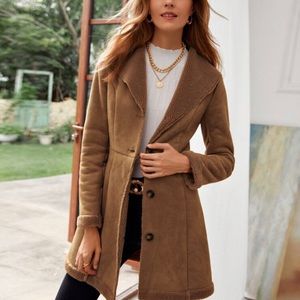 Faux Shearling Detail Button Front Suede Coat NWT
